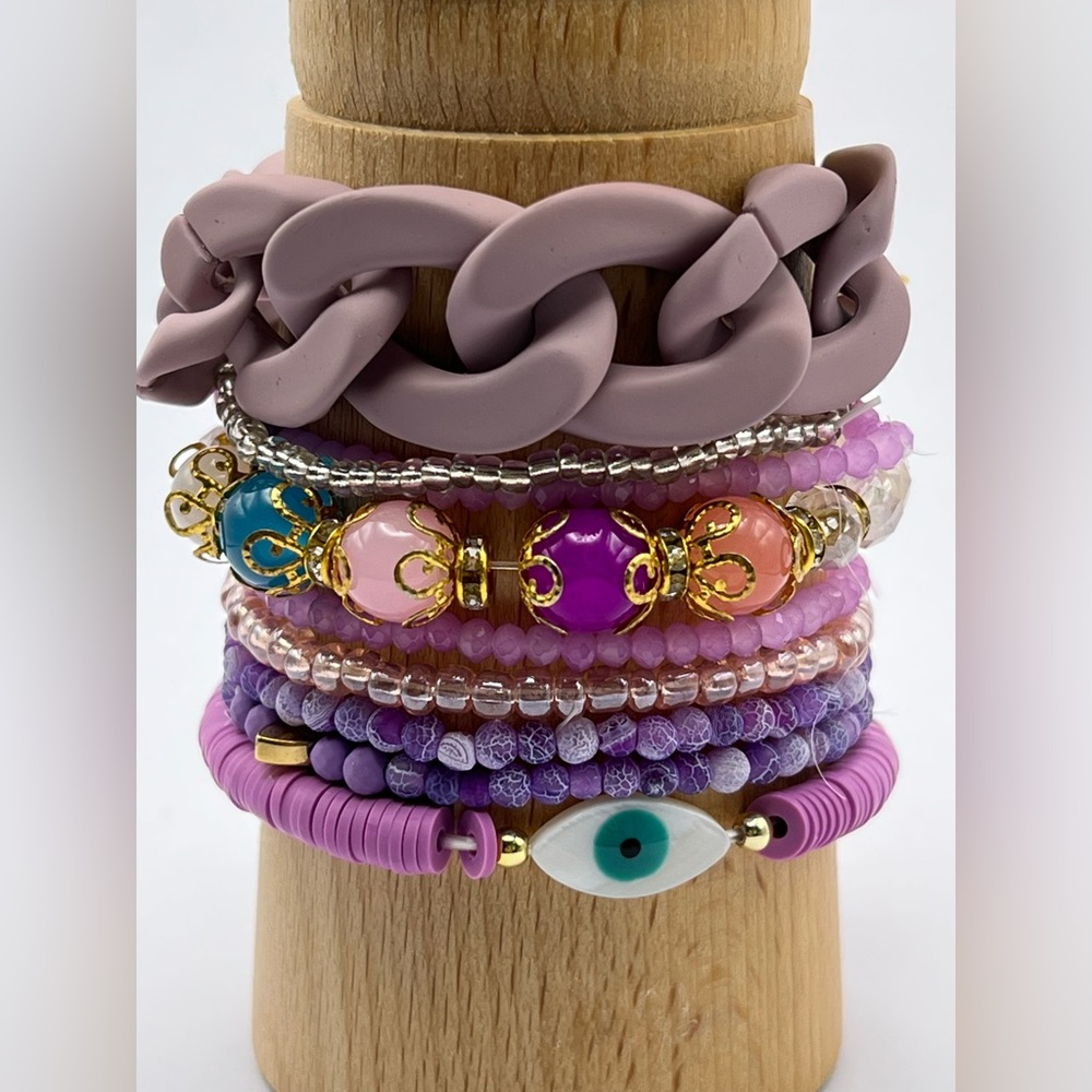 Flirty Boho Purple Bracelets Set of Nine - Trendy Fun Stacked Bracelets Set
